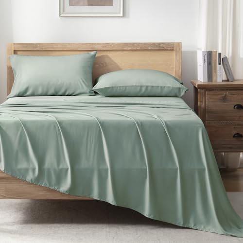 Image of Andency Sage Green Queen Sheets Set 100% Viscose Derived from Bamboo | Cooling Summer Sheets, Deep Pocket Up to 16 inch, Silky Soft Hotel Luxury Breathable Bedding Sheets & Pillowcases