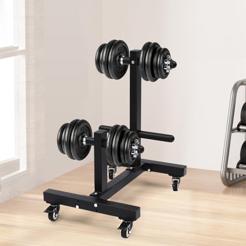 1100lbs Dumbbell Rack Weight Plate Tree and Vertical Bar Holder with 4 Universal Wheels,Heavy Duty Q235 Steel Dumbbell Rack Stand,Black Barbell Weight Plate Rack Weight Rack for Home Gym (B)