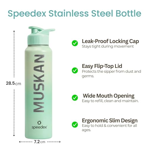 Image of Speedex Customised Stainless Steel Water Bottle 1 Ltr with Name - Personalised Engraved Sipper Cap Bottle for Kids, Men & Women, School, Gym, Office Dual Green, Set of 1