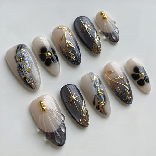 Marble Texture Gold Foil Press on Nails Medium Almond Fake Nails ...