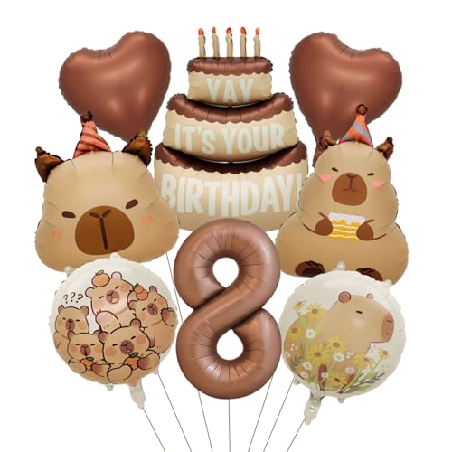 Image of Capybara Birthday Foil Balloon Set, 8-Piece Party Decor (8) | Reusable foil balloon set with capybara, cake,number . Perfect for birthday, baby shower, gender reveal & themed parties