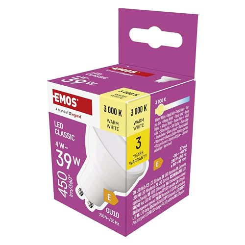 EMOS LED Lampe Spot, MR16 mit GU10 Sockel, 4W Ersatz für 39W Halogenlampe, Helligkeit 450 lm, Warmweiß 3000 K, 30000 h Lebensdauer, CRI min. 80, 100° Abstrahlwinkel, weiße Farbe