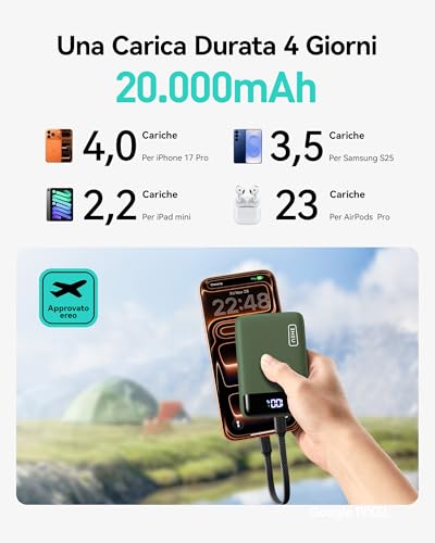 Image of INIU Smallest 20000mAh Power Bank, 22.5W PD Fast Charging Portable Charger with USB-C Cable, Flight-Safe Battery Pack for Travel & Outdoor Camping & Emergency for iPhone Samsung iPad, Mini Size, Green