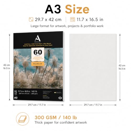 Image of ArtRight Artists' Watercolor Paper A3 300 GSM - 60 Sheets of Handmade Rough Grain Water Colour Papers for Watercolour, Acrylic, Gouache, Ink & Mixed Media