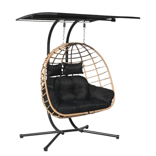 Double Egg Chair with Stand，2 Person Egg Swing Hammock Chair，for Indoor, Outdoor, Patio, Garden, Bedroom, Living Room (Yellow+Black Cushion)