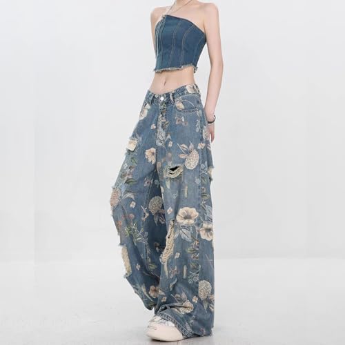 Women's Jeans, Women's Retro Floral Print with Holes, Loose Straight Leg Wide Leg Denim Pants, Y2K Jeans2