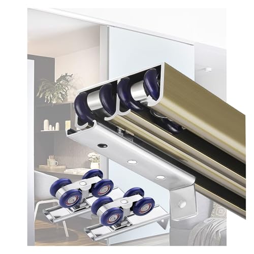 Kit de rieles para puertas corredizas de armario con doble bypass de 5, 6, 7, 8, 9 y 10 pies, con doble amortiguación bilateral de 4 ruedas Juego de rieles(Champagne,7.5ft/229cm)