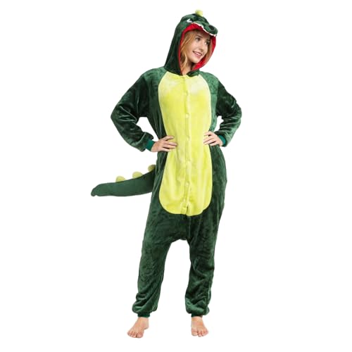 Lalieffacely Dino Kostüm Erwachsene, Faschingskostüme Damen Männer Plüsch Onesie Kostüm Dinosaurier mit Kapuze Unisex Tierkostüme für...