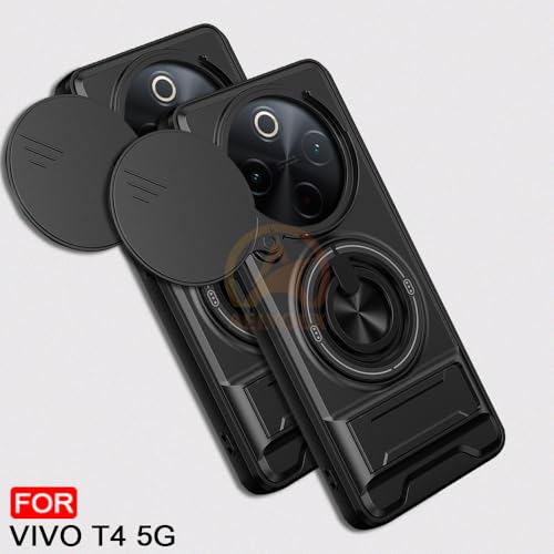 Image of Vivo T4 5G / Z10 5G Back Cover | Armor Camera Slider 360 Degree Rotating Finger Ring Holder Case with Bracket Stand Back Case Cover (Compatible with MagSafe Accessories) (Black)