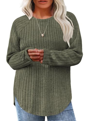 Eytino Plus Size Tops for Women Fall Soft Solid Crewneck Long Sleeve Knitted Pullover Blouses Shirt(1X-5X)