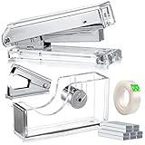Acrylic Silver Tape Dispenser Desktop Stapler, Includes Staple Remover, Tape, 1000pcs Staples Desk Accessory Kit, Cute Office Stapler Set for Modern Design Office Desktop