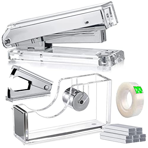 Image of Acrylic Silver Tape Dispenser Desktop Stapler, Includes Staple Remover, Tape, 1000pcs Staples Desk Accessory Kit, Cute Office Stapler Set for Modern Design Office Desktop