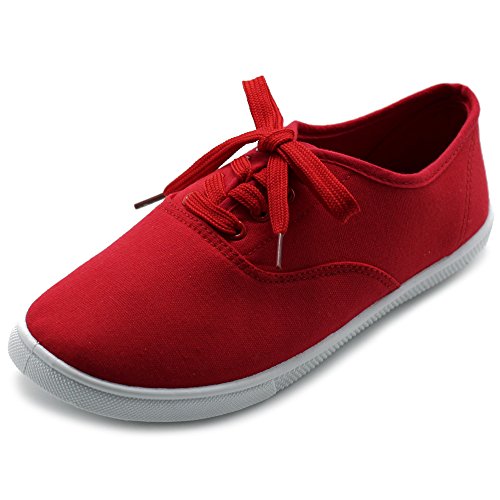 Ollio Women's Shoes Lace Up Sneakers Canvas Flats ML67 (7.5 B(M) US, Red)