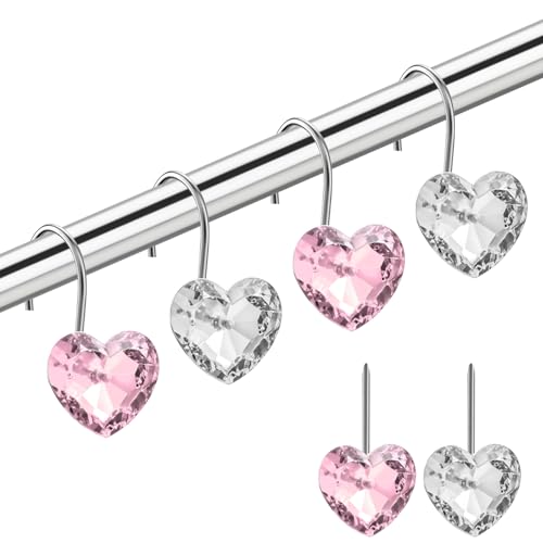 12Pcs Valentine Heart Shape Shower Curtain Hooks Stainless Steel Valentines Day Decorative Shower Curtain Hooks Valentines Bathroom Decor