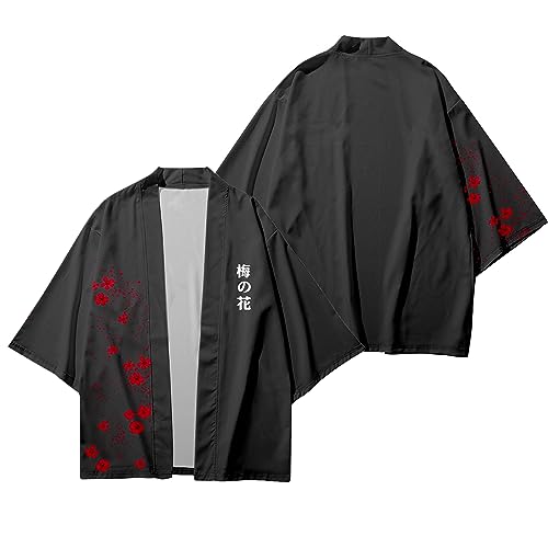 Image of DOSLAVIDA Men's Japanese Kimono Cardigan Suit Chinese Style Printed Jacket Pants Set Open Front Seven Sleeve Top & Shorts