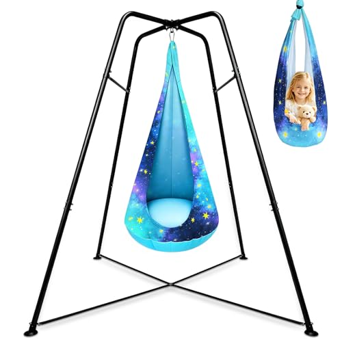2026 New X-Shaped Sensory Swing Stand with Pod Swing & Chair Heavy Duty Backyard Swing Sets Indoor Outdoor Metal Hammock Frame Supports 500LBS (Blue with Star)