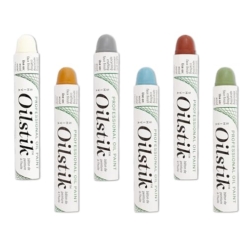 Jack Richeson & Co Shiva Artist Grade Oilstiks Set 6 Neutral Landscape Colors (Antique White Wedgewood Blue Pewter Gray Yellow Ochre Celadon Green Barn Red) Professional Oil Paint Sticks for Canvas Fabric Wood & Mixed Media