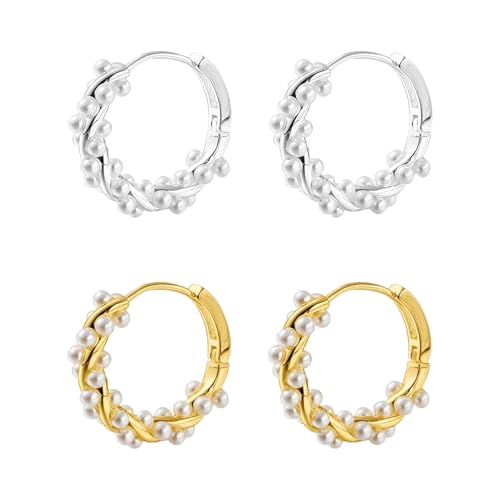 2 pares de pendientes de perlas, pendientes de aro para mujer con perlas trenzadas, pendientes Huggie de plata de ley 925 y perlas sintéticas, pendientes de novia (plata y oro)
