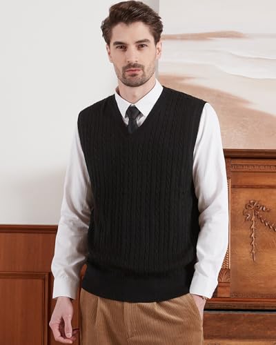 Kallspin Men’s Wool Blended Cable Knit Sweater Vest V Neck Relaxed Fit Sleeveless Pullovers2