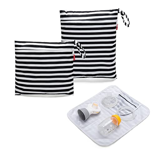 Image of Damero Breast Pump Parts Bag, 2Pack Wet Bag for Breast Pump Parts Storage with Waterproof Mat, Black Strips