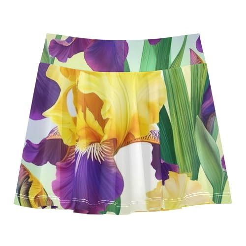 Joisal Toddlers Tennis Skirts Yellow Purple Iris Flowers Girls' Shorts Athletic Skorts Outfit Pleated 4t2