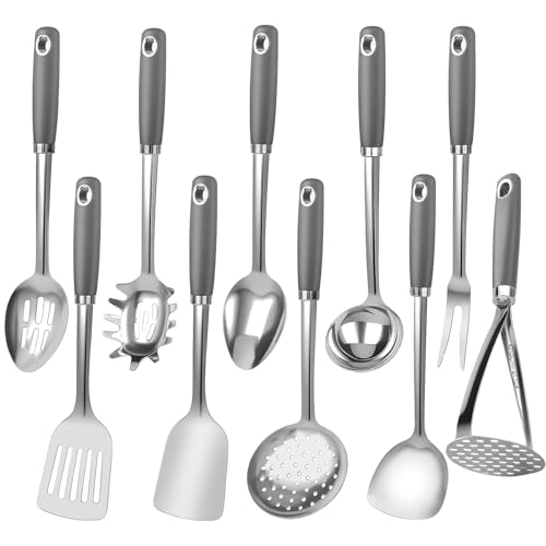 10 Piece Stainless Steel Cooking Utensils Set - 18/0 Heavy Duty Kitchen Tools for Grilling & Serving (Grey)