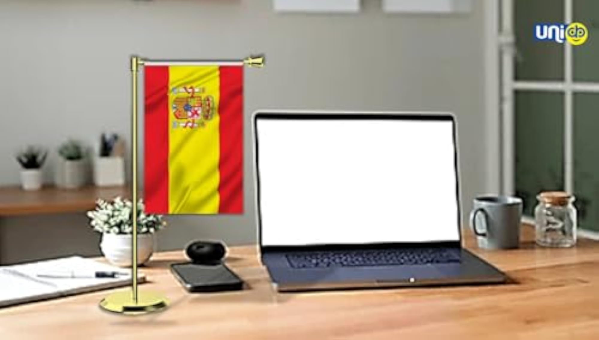 Miniature Spain Flag with Elegant Brass Base and Rod Stand
