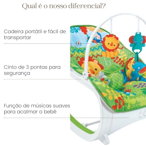 Cadeirinha de Descanso para Bebê Musical, Safari Verde, Vibra e Toca Melodias, Acompanha Acessórios