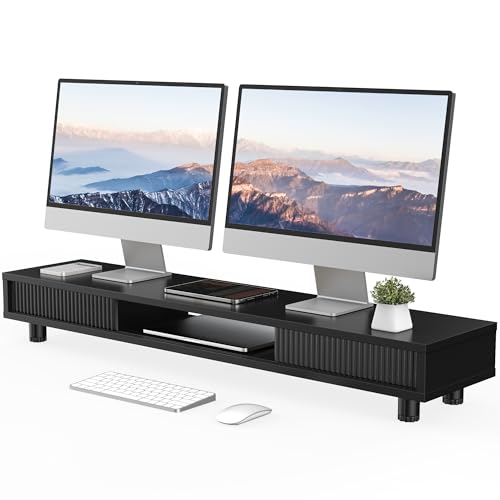 Image of Fenge Dual Monitor Stand, 42.5inch Long Monitor Stands Riser for 2 Monitors, Glass Sliding Door with Storage Organizer Stand for Desk, 2 Tier Desk Shelf for Laptop, Pc, Printer, Computer, TV