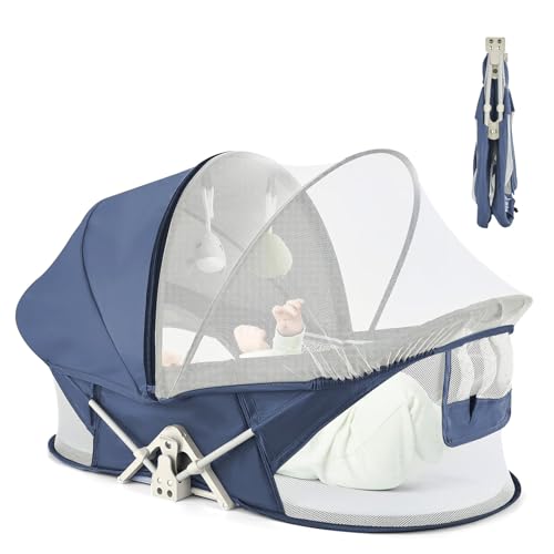 Image of ISELECTOR Portable Baby Bassinet Travel Baby Bed, Baby Cribs Travel Pod for Outdoors Baby Lounger Infant Travel Bed with Mosquito Net and Sunshade Canopy, Lightweight Washable