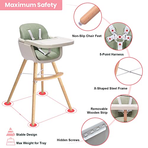 Foho Baby High Chair, Perfect 3 In 1 Convertible Wooden High Chair With Cushion, Removable Tray, And Adjustable Legs For Baby & Toddler (Green) #TOP3