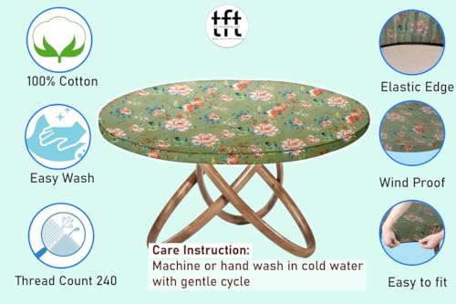Image of The Furnishing Tree Elastic Cotton Round Dining Table Cover 40x40 in Inches Floral Multicolor on Greenish Base