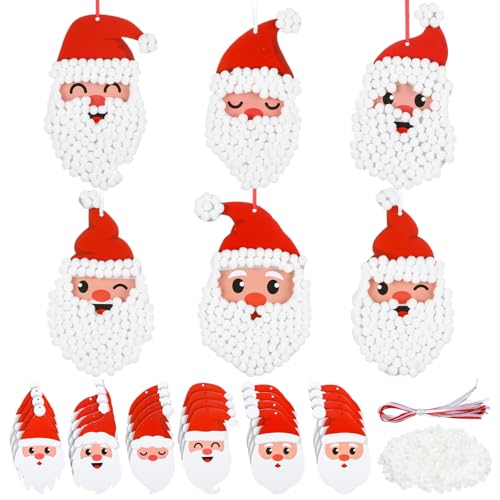 Gersoniel 24 Sets Christmas Santa Claus Crafts Kits Santa Head Beard Paper Crafts Make Your Own Pom Poms Hanging Ornament Craft for Xmas Winter Holiday Party Activities DIY Home Decor