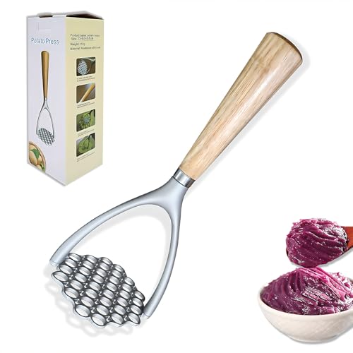 Triturador de patatas resistente, triturador de patatas de mano de aleación de aluminio, herramienta de cocina/triturador de alimentos con mango de madera antideslizante, perfecto para puré de
