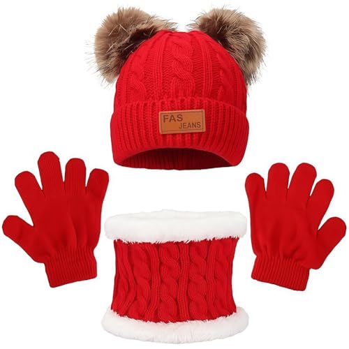 Conjunto Accesorios de Invierno 3 Piezas Niños Set, Conjunto de Bufanda Sombrero y Gorro Niño, Gorros con Pompon Lana Niño Braga Cuello Polar y Guantes de Punto Cálidos para Niñas y Niños (Rojo)