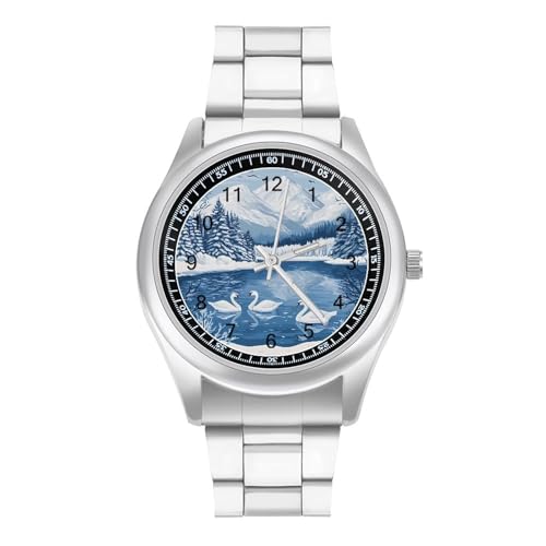 Swans On Lake in Snowy Mountains Classic Mens Watches Casual Fashion Business Dress Wrist Watch