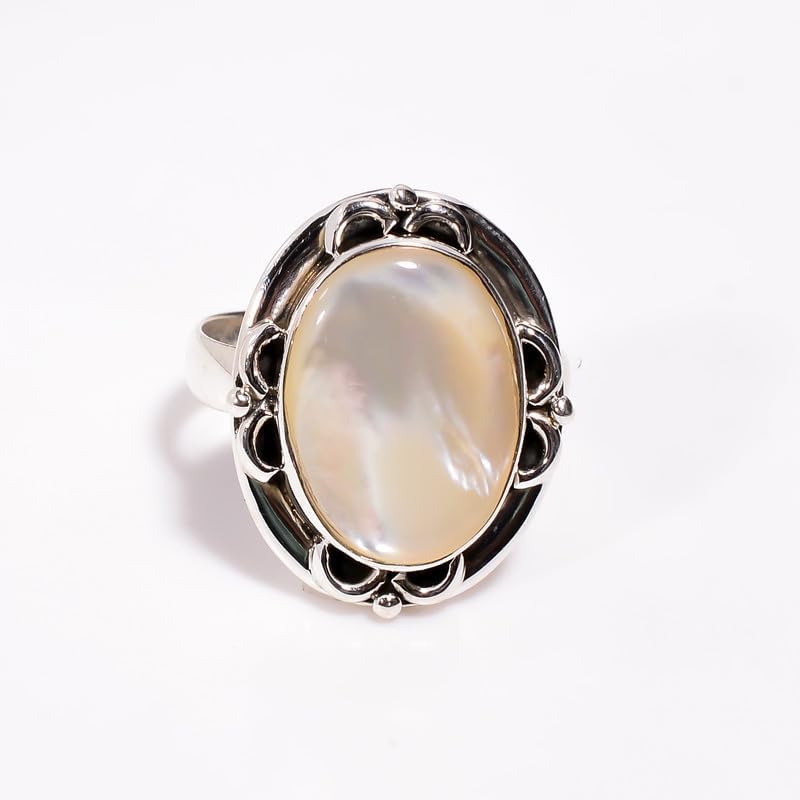 Women's Ring Sterling Silver Oval Cabochon Mother Of Pearl Engagement Ring Solitiare Vintage Handmade Dainty Ring Anniversary Wedding Promise Ring Boho Everyday Wear H-SR53-P image 4