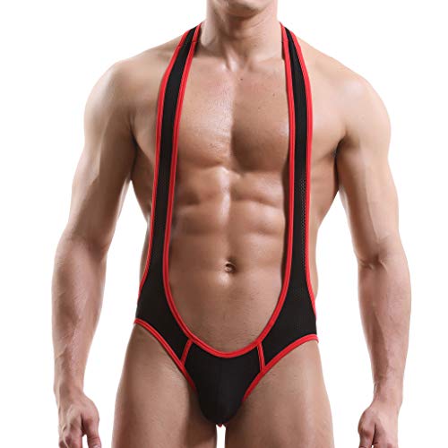 QIBOOG Men Jockstrap Wrestling Singlet Leotard Underwear Suspenders Singlet Bodysuit Mesh See Through One-Piece Jumpsuit(Dark Blue,S)