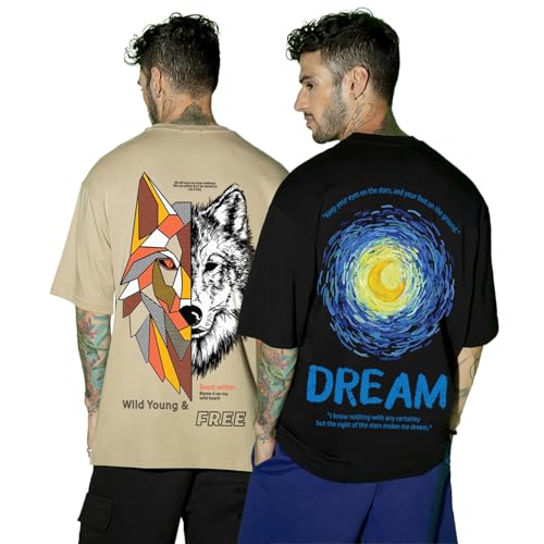 Lot de 2 t-shirts surdimensionnés en pur coton Bewakoof pour homme coloris noir et gingembre