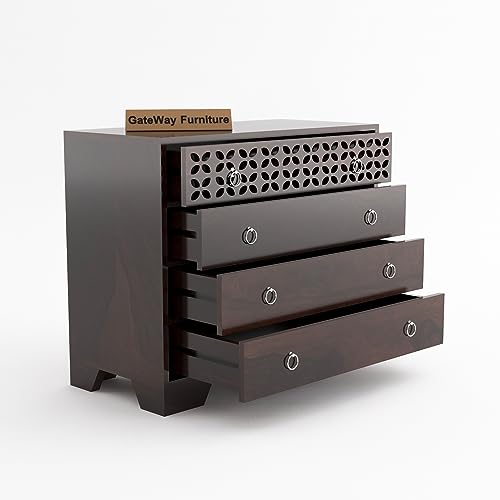 Image of GateWay Furniture Solid Sheesham Wood Wooden Chest of Drawers with 4-Drawer Storage (Asher, Walnut Finish)