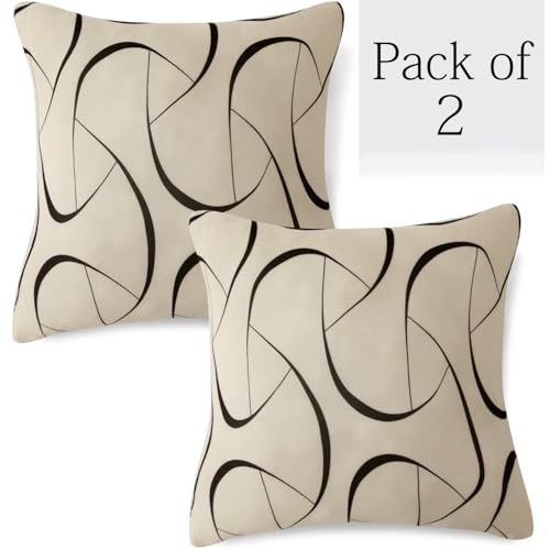 Image of HOKIPO 'Elira Series' Stretchable Cushion Cover for Sofa 16 inch x 16 inch, Pack of 2, Natural Beige Abstract Art (NEW2-4993-C4*2)