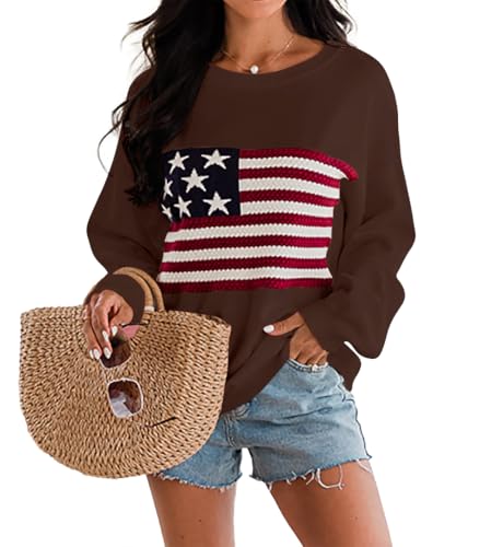 Image of Dressmine Womens American Flag Knit Sweater Crew Neck Long Sleeve Pullover | Casual Loose Graphic Outfits, Fall Sweatshirts, Trendy Clothes, Cute Patriotic Shirt, 2026 Cozy Elasticity Winter Tops