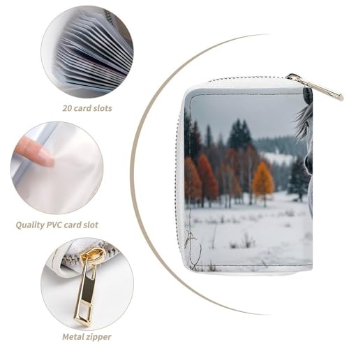 RFID Credit Card Holder Wallets for Women Cute Small Leather Ladies Cardholder Wallets Gray Horse in Winter Landscape Snowy Wilderness Card Organizer Case with Zipper4