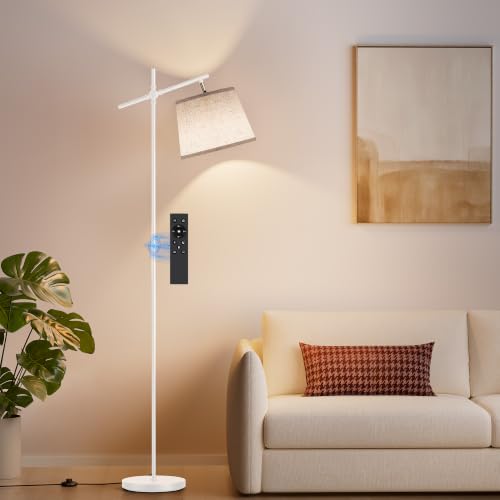 Image of SIBRILLE Floor Lamp with Linen Shade, Dimmable Tall Standing Lamp with Remote Control & 3 Color Temperatures Bulb, Modern Swing Arm Floor Lamps for Living Room Bedroom Office Corner