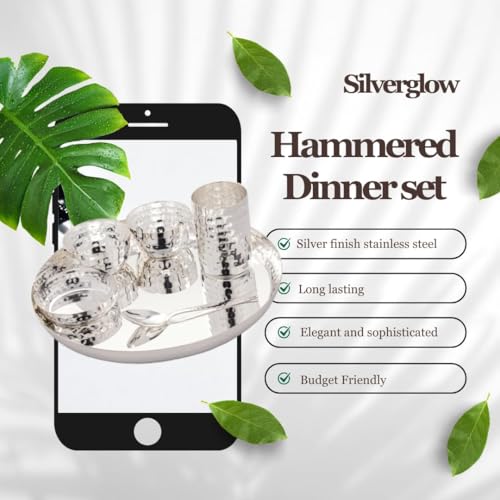 Image of Silverglow Hammered Stainless Steel Dinner Set for 4 People, Silver Plated dinnerware Set of 24 pcs, Diwali Wedding Return Gift, Pure-Silver Plate Set Original