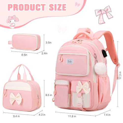 Bevalsa Backpack for Gilrs, Cute Bow School Bags for Kids with Lunch Bag & Pen Case, Bookbag for Girls Children Teens Elementary Middle Student, Back to School Gift with USB Charging Port (Pink)2