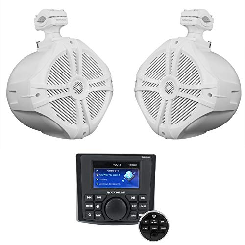 Rockville RGHR45 4 Zone Marine Gauge Hole Receiver Bluetooth/Radio/Wired Remote Bundle with (2) Rockville RWB90W White 8