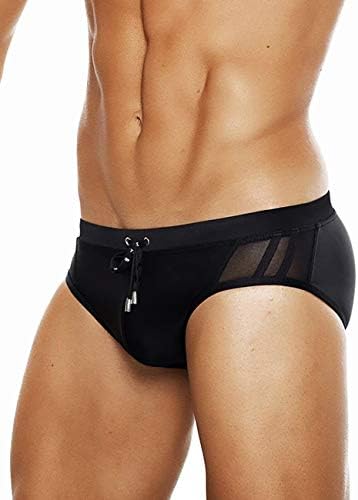 MIZOK Men's Swimwear Sexy Low Rise Bikini Briefs Quick Dry Swimsuit with Drawstring Black Mesh L