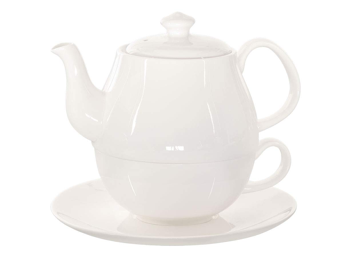Tea for One Daisy 600ml aus Crystal Bone China Porzellan in fein-cremigem Weiß. Teekanne + Teetasse + Untersetzer