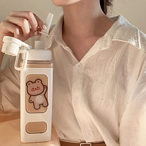 DKIIL NOIYB Botella de agua de oso kawaii de 700 ml con pajilla de plástico, portátil, cuadrada,...